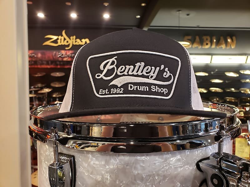 Bentley's Drum Shop Trucker Snapback Hat in Black and White